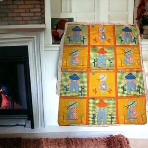 Handmade Quilt Farmer Garden Couple Grn Orng Crib Blanket Throw Baby 43"x 35.5"